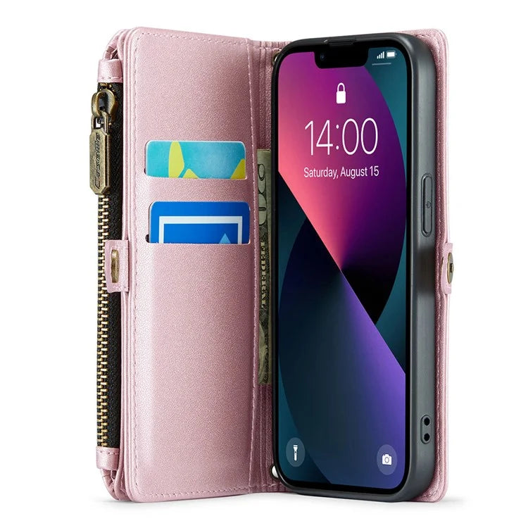 CASEME C36 Series For iPhone 13 Case RFID Blocking Zipper Leather Phone Cover with Crossbody Lanyard