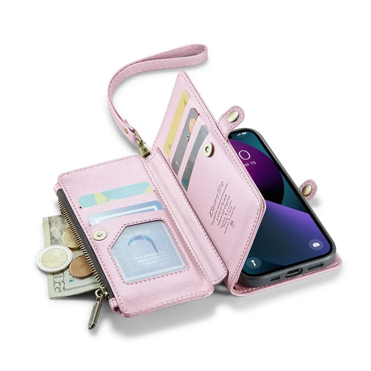 CASEME C36 Series For iPhone 13 Case RFID Blocking Zipper Leather Phone Cover with Crossbody Lanyard