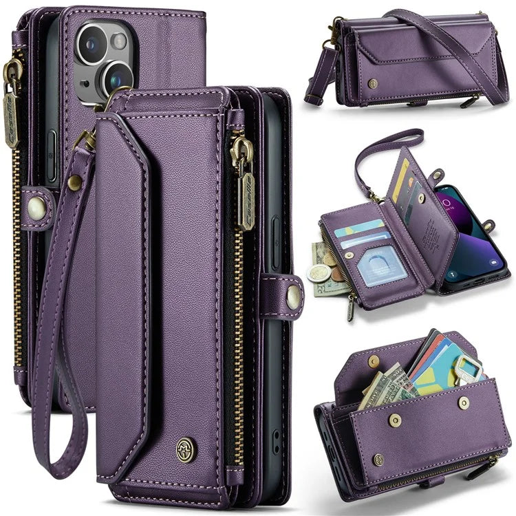 CASEME C36 Series For iPhone 13 Case RFID Blocking Zipper Leather Phone Cover with Crossbody Lanyard