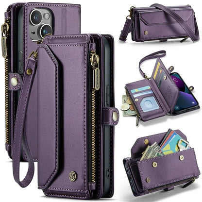 CASEME C36 Series For iPhone 13 Case RFID Blocking Zipper Leather Phone Cover with Crossbody Lanyard