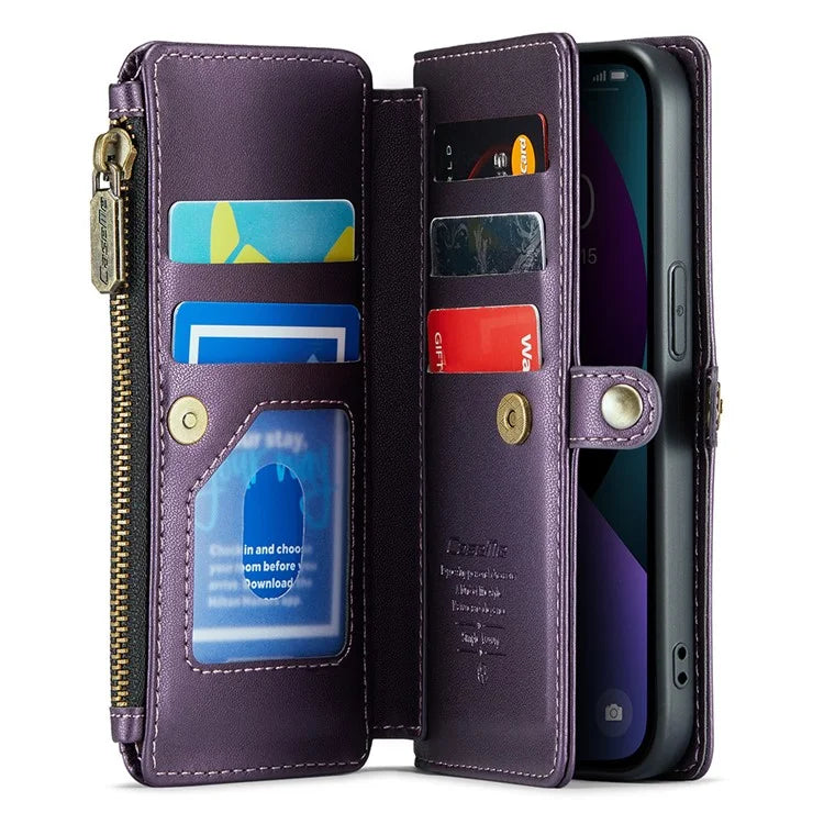 CASEME C36 Series For iPhone 13 Case RFID Blocking Zipper Leather Phone Cover with Crossbody Lanyard