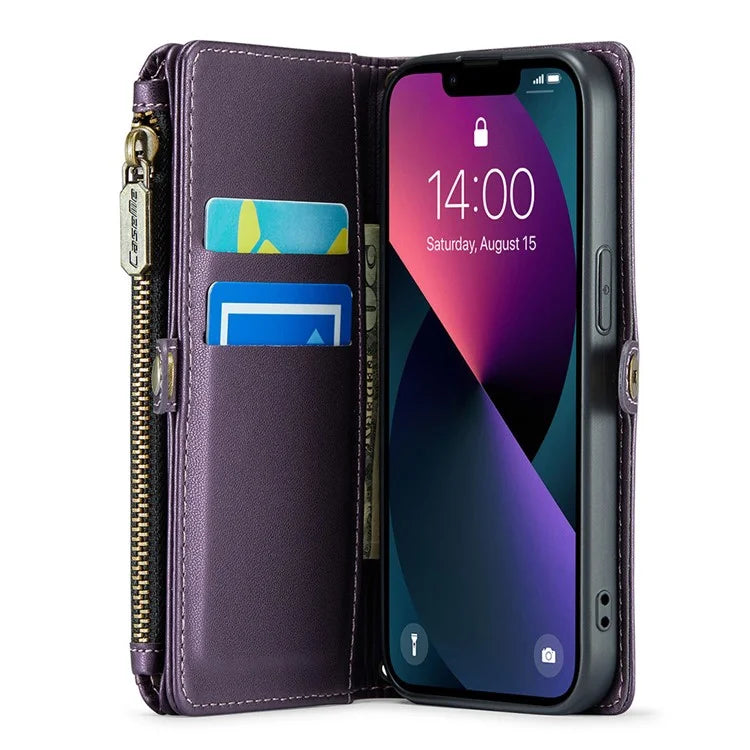 CASEME C36 Series For iPhone 13 Case RFID Blocking Zipper Leather Phone Cover with Crossbody Lanyard