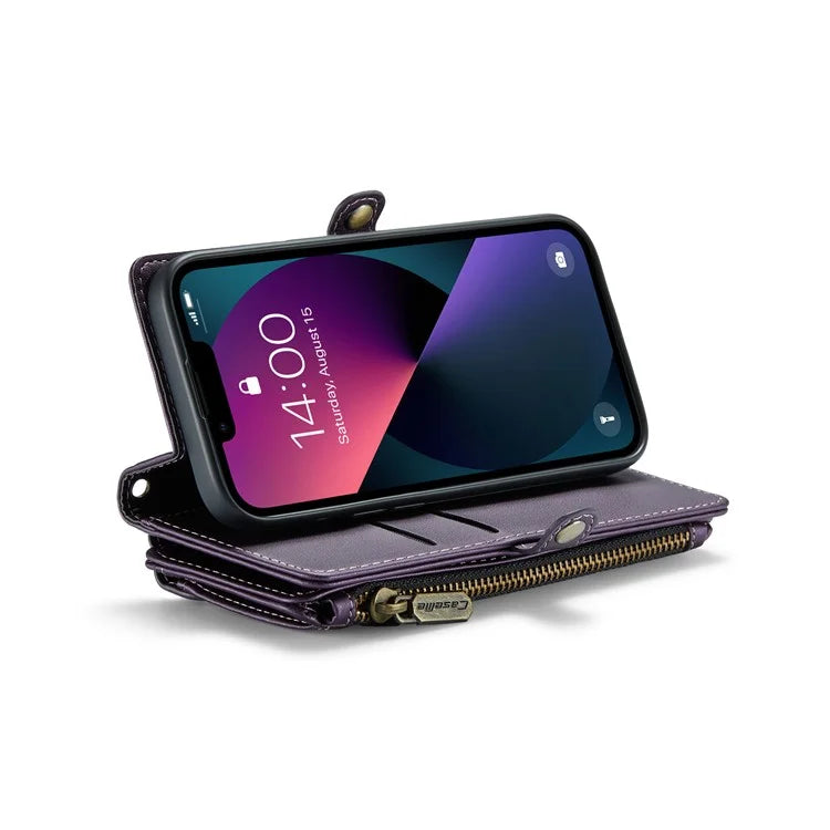 CASEME C36 Series For iPhone 13 Case RFID Blocking Zipper Leather Phone Cover with Crossbody Lanyard