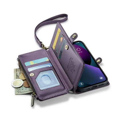 CASEME C36 Series For iPhone 13 Case RFID Blocking Zipper Leather Phone Cover with Crossbody Lanyard