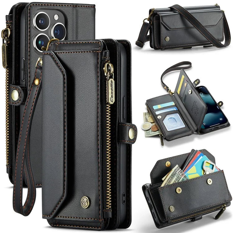 CASEME C36 Series For iPhone 13 Pro Case 7 Card Slots Leather Wallet Shockproof Phone Cover with Crossbody Lanyard