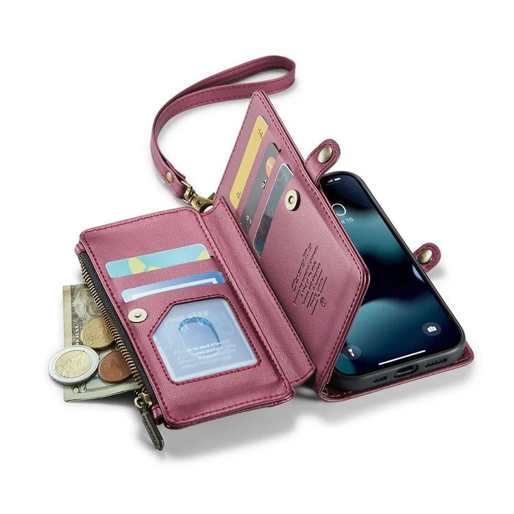 CASEME C36 Series For iPhone 13 Pro Case 7 Card Slots Leather Wallet Shockproof Phone Cover with Crossbody Lanyard