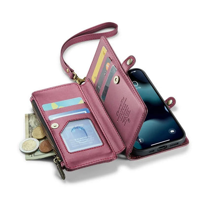 CASEME C36 Series For iPhone 13 Pro Case 7 Card Slots Leather Wallet Shockproof Phone Cover with Crossbody Lanyard