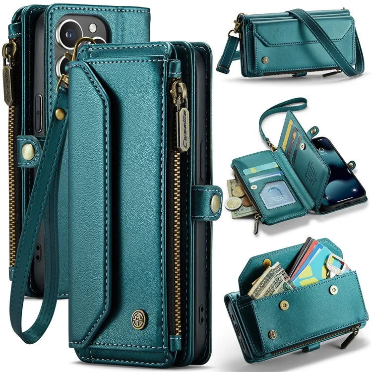 CASEME C36 Series For iPhone 13 Pro Case 7 Card Slots Leather Wallet Shockproof Phone Cover with Crossbody Lanyard