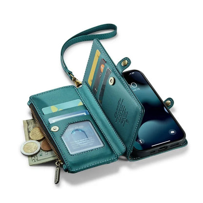 CASEME C36 Series For iPhone 13 Pro Case 7 Card Slots Leather Wallet Shockproof Phone Cover with Crossbody Lanyard