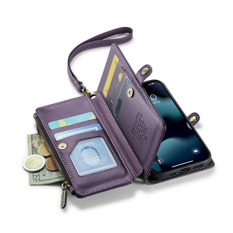 CASEME C36 Series For iPhone 13 Pro Case 7 Card Slots Leather Wallet Shockproof Phone Cover with Crossbody Lanyard