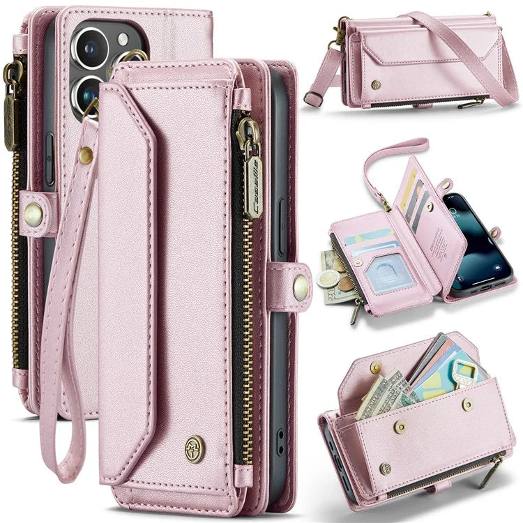 CASEME C36 Series For iPhone 13 Pro Case 7 Card Slots Leather Wallet Shockproof Phone Cover with Crossbody Lanyard