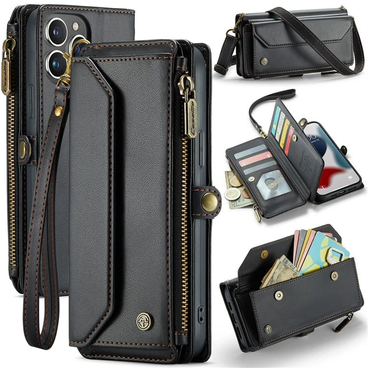 CASEME C36 Series For iPhone 13 Pro Max Case Leather Crossbody Phone Bag Cover 10 Card Holder