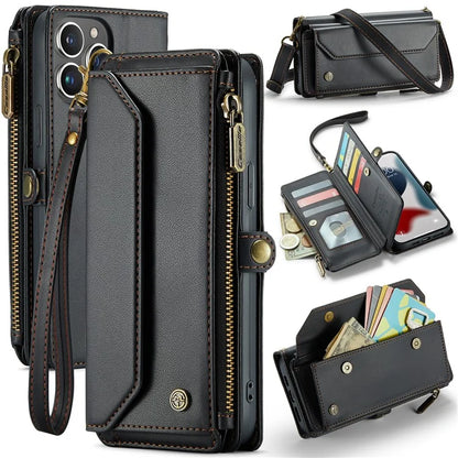CASEME C36 Series For iPhone 13 Pro Max Case Leather Crossbody Phone Bag Cover 10 Card Holder