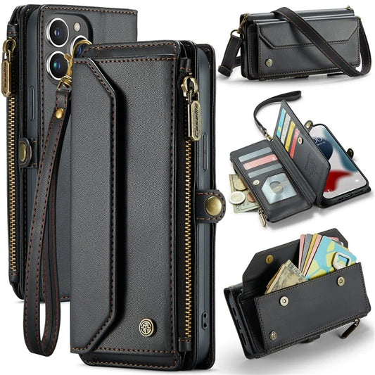 CASEME C36 Series For iPhone 13 Pro Max Case Leather Crossbody Phone Bag Cover 10 Card Holder
