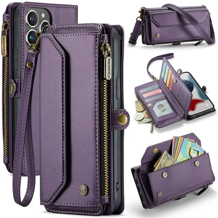 CASEME C36 Series For iPhone 13 Pro Max Case Leather Crossbody Phone Bag Cover 10 Card Holder