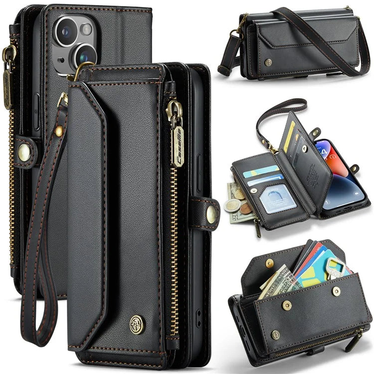 CASEME C36 Series For iPhone 14 Case Leather RFID Blocking Phone Cover Crossbody Shoulder Bag