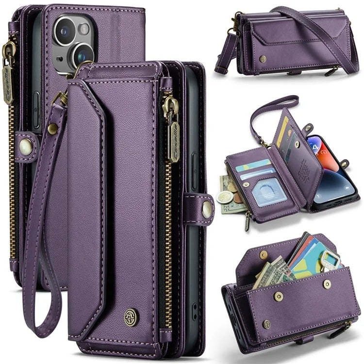 CASEME C36 Series For iPhone 14 Case Leather RFID Blocking Phone Cover Crossbody Shoulder Bag