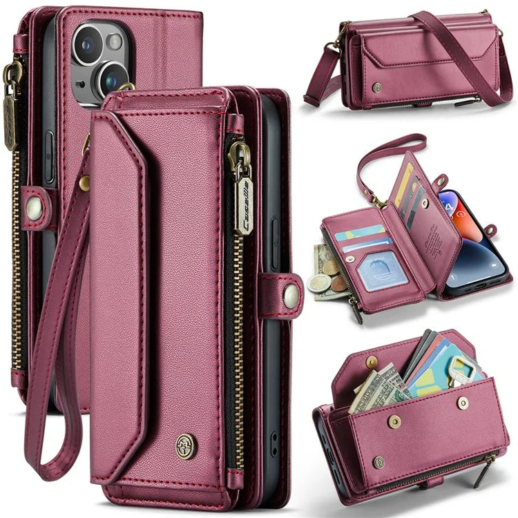 CASEME C36 Series For iPhone 14 Case Leather RFID Blocking Phone Cover Crossbody Shoulder Bag
