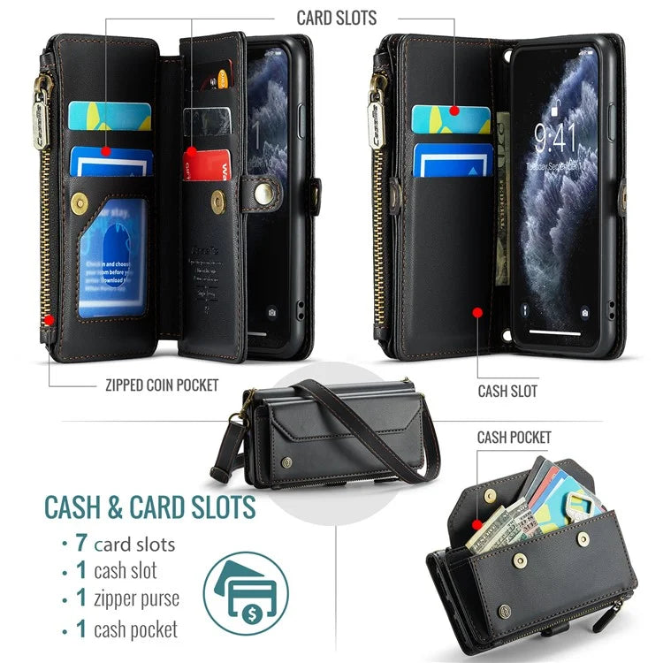 CASEME C36 Series For iPhone 11 Pro Case Zipper Purse PU Leather Crossbody Phone Cover