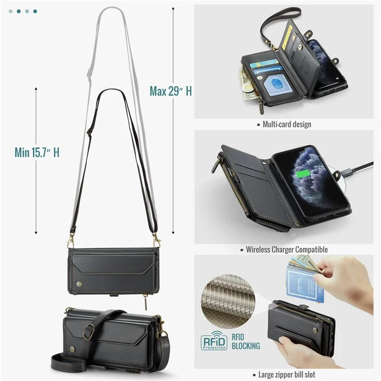 CASEME C36 Series For iPhone 11 Pro Case Zipper Purse PU Leather Crossbody Phone Cover