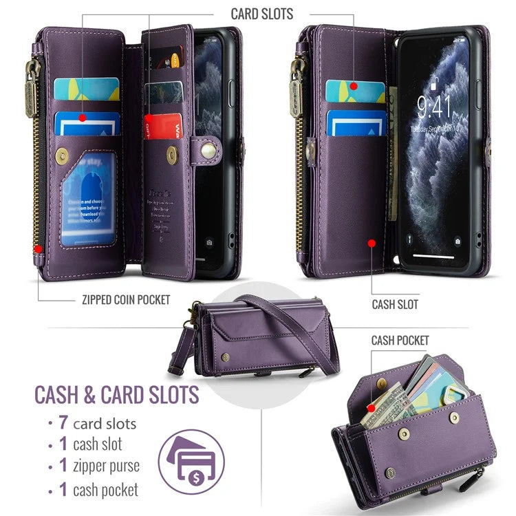 CASEME C36 Series For iPhone 11 Pro Case Zipper Purse PU Leather Crossbody Phone Cover