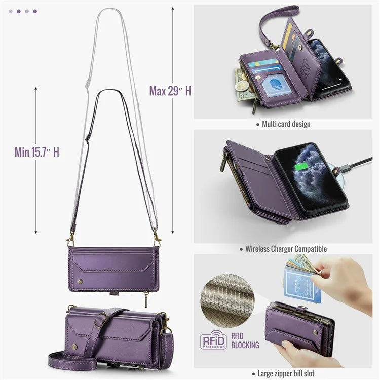 CASEME C36 Series For iPhone 11 Pro Case Zipper Purse PU Leather Crossbody Phone Cover