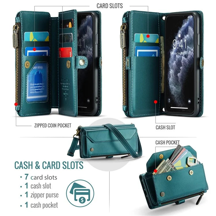CASEME C36 Series For iPhone 11 Pro Case Zipper Purse PU Leather Crossbody Phone Cover