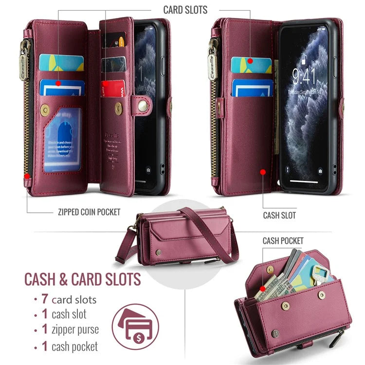CASEME C36 Series For iPhone 11 Pro Case Zipper Purse PU Leather Crossbody Phone Cover