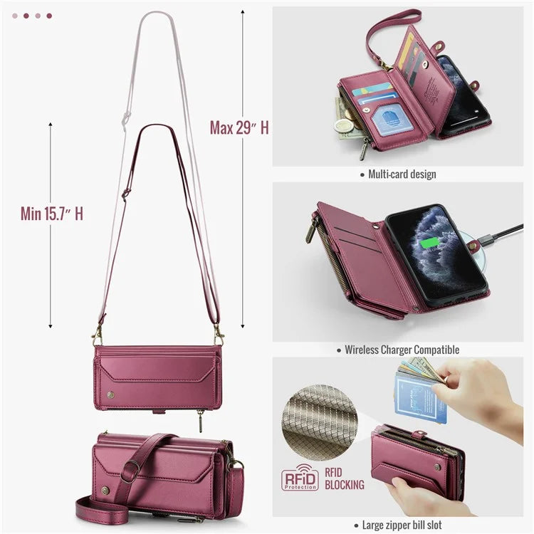 CASEME C36 Series For iPhone 11 Pro Case Zipper Purse PU Leather Crossbody Phone Cover