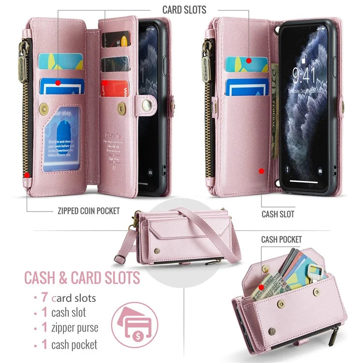 CASEME C36 Series For iPhone 11 Pro Case Zipper Purse PU Leather Crossbody Phone Cover