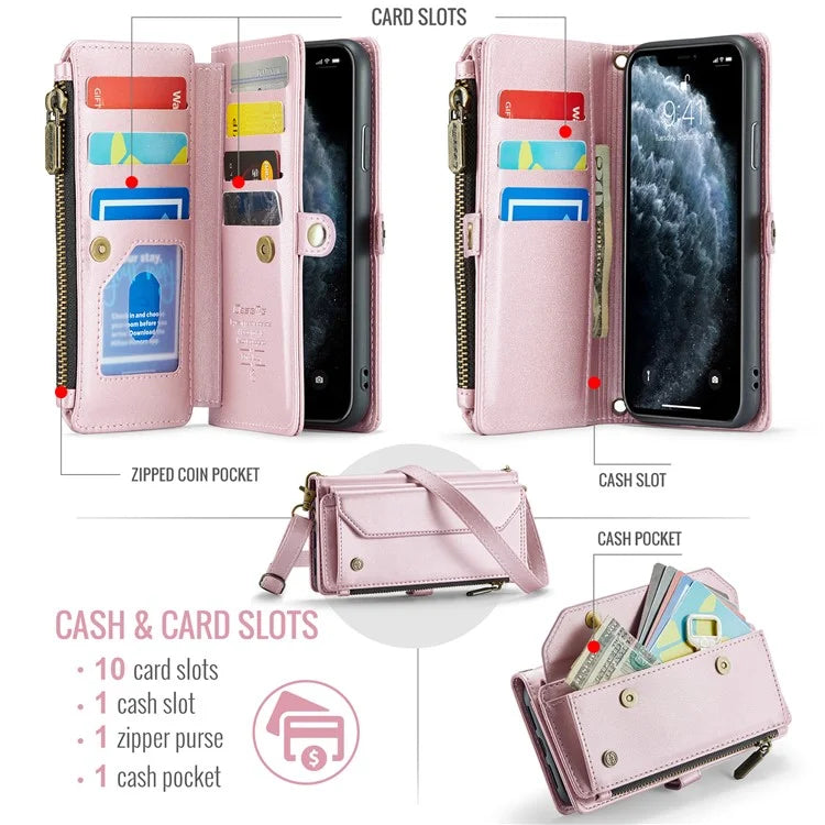 CASEME C36 Series For iPhone 11 Pro Max Crossbody Case RFID Blocking Leather Phone Cover Zipper Wallet
