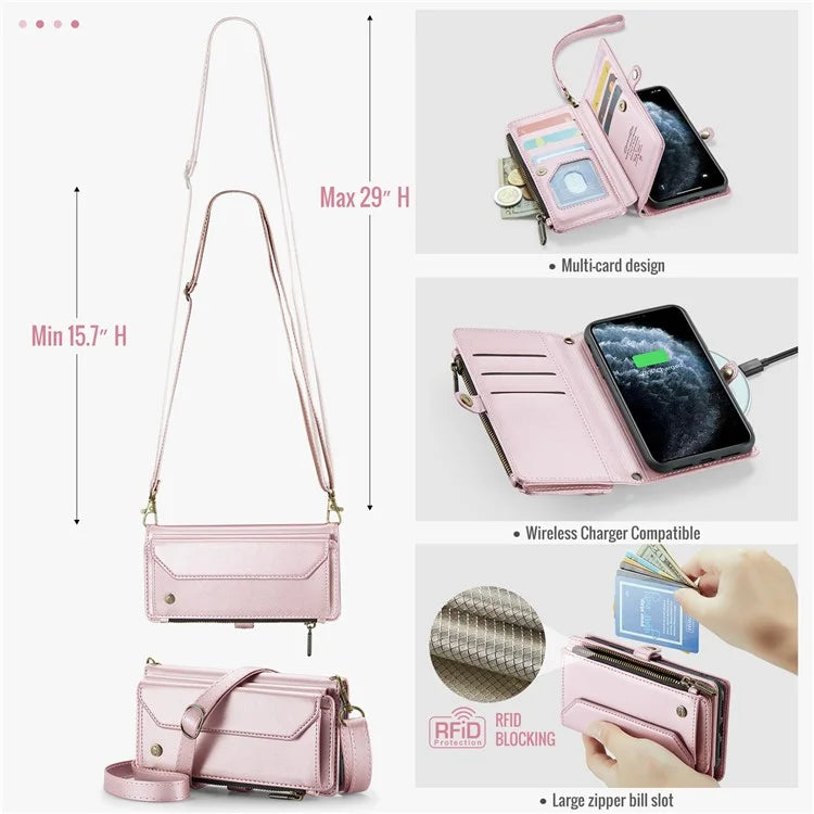 CASEME C36 Series For iPhone 11 Pro Max Crossbody Case RFID Blocking Leather Phone Cover Zipper Wallet
