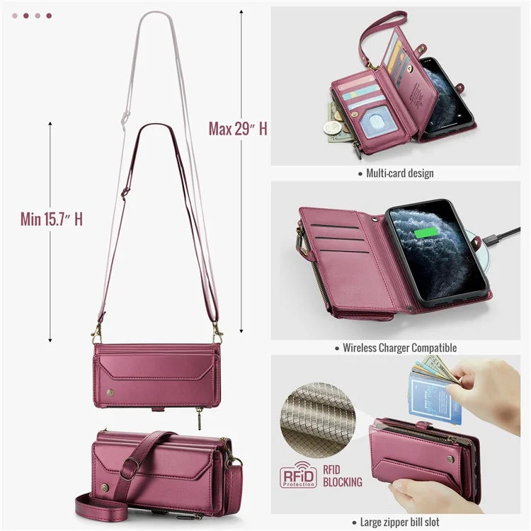 CASEME C36 Series For iPhone 11 Pro Max Crossbody Case RFID Blocking Leather Phone Cover Zipper Wallet