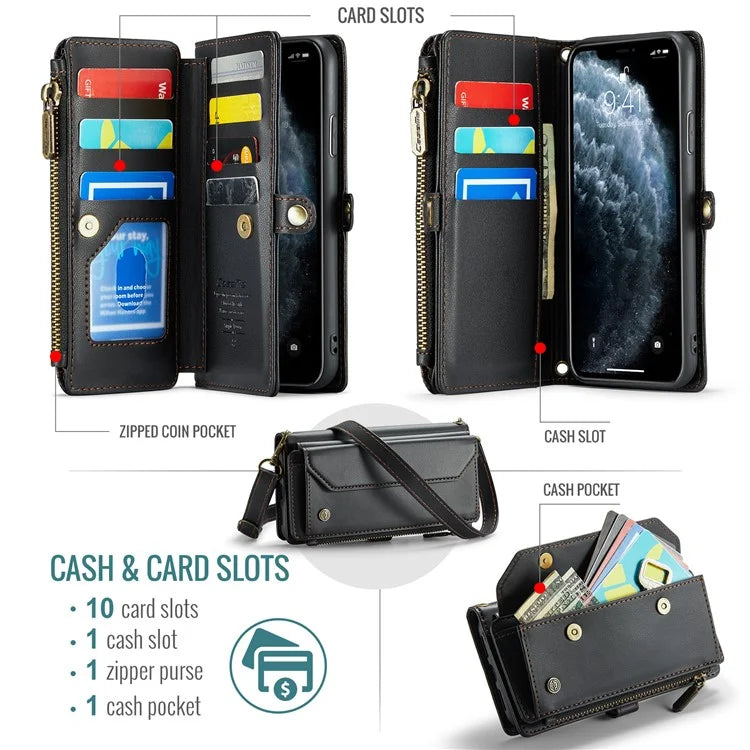 CASEME C36 Series For iPhone 11 Pro Max Crossbody Case RFID Blocking Leather Phone Cover Zipper Wallet