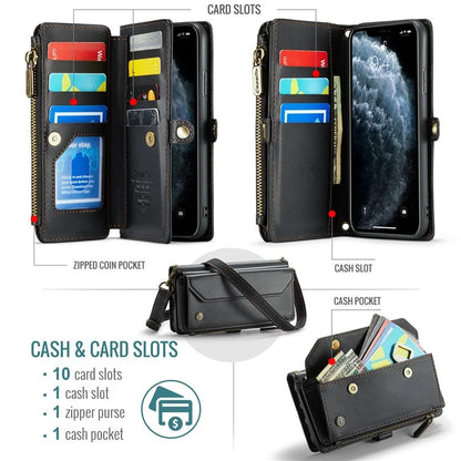 CASEME C36 Series For iPhone 11 Pro Max Crossbody Case RFID Blocking Leather Phone Cover Zipper Wallet