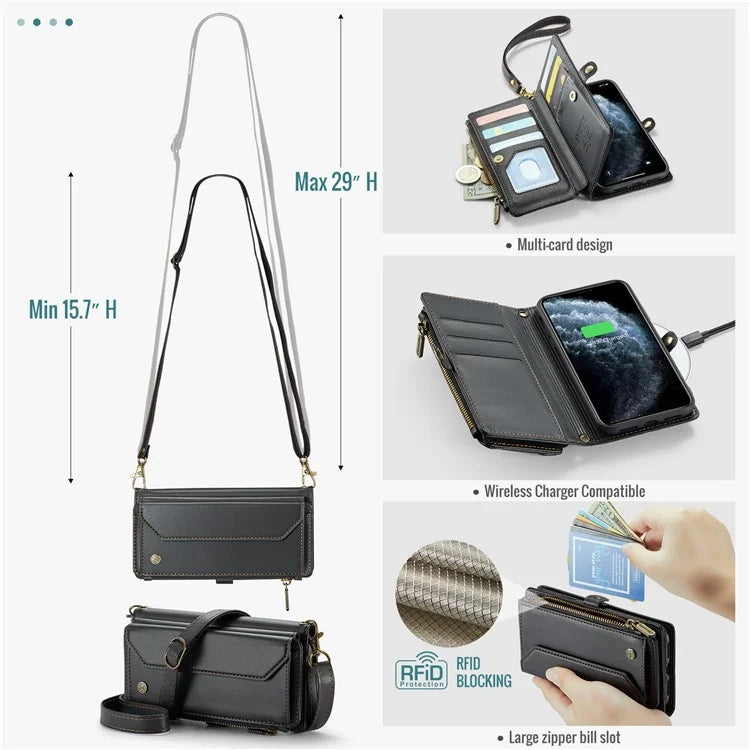 CASEME C36 Series For iPhone 11 Pro Max Crossbody Case RFID Blocking Leather Phone Cover Zipper Wallet