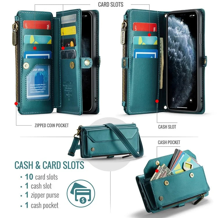 CASEME C36 Series For iPhone 11 Pro Max Crossbody Case RFID Blocking Leather Phone Cover Zipper Wallet