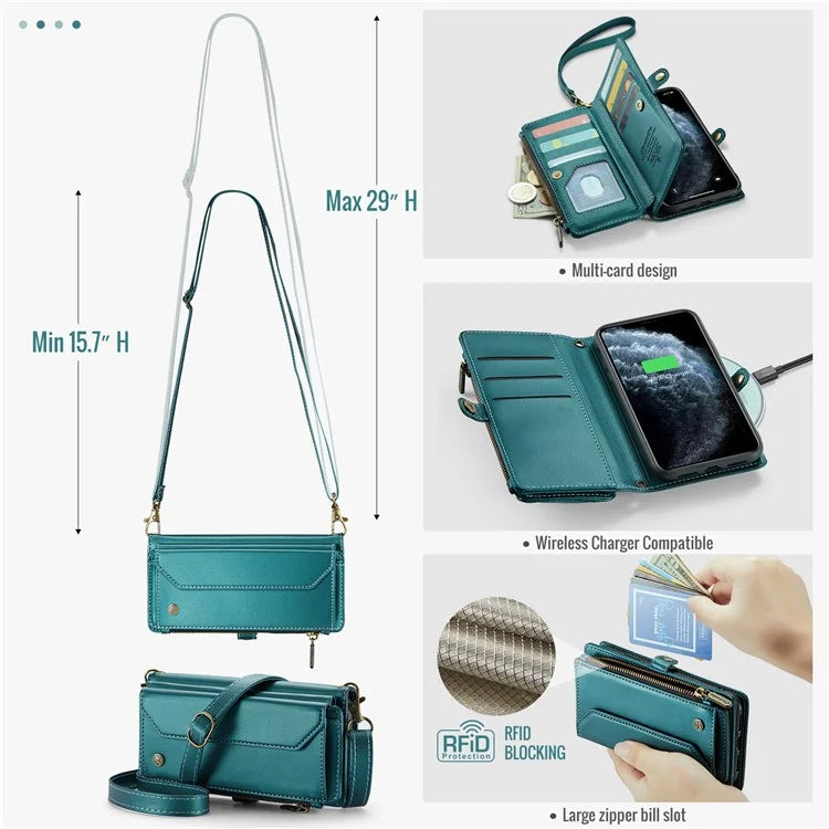 CASEME C36 Series For iPhone 11 Pro Max Crossbody Case RFID Blocking Leather Phone Cover Zipper Wallet