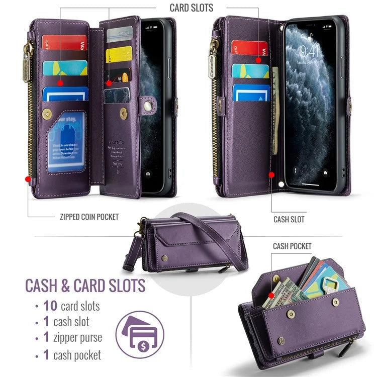 CASEME C36 Series For iPhone 11 Pro Max Crossbody Case RFID Blocking Leather Phone Cover Zipper Wallet