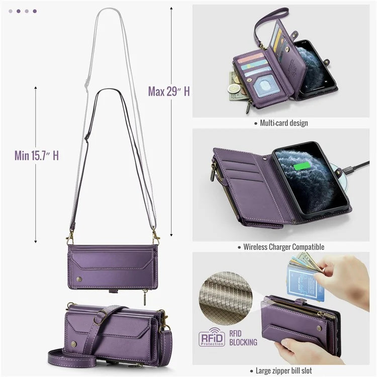 CASEME C36 Series For iPhone 11 Pro Max Crossbody Case RFID Blocking Leather Phone Cover Zipper Wallet