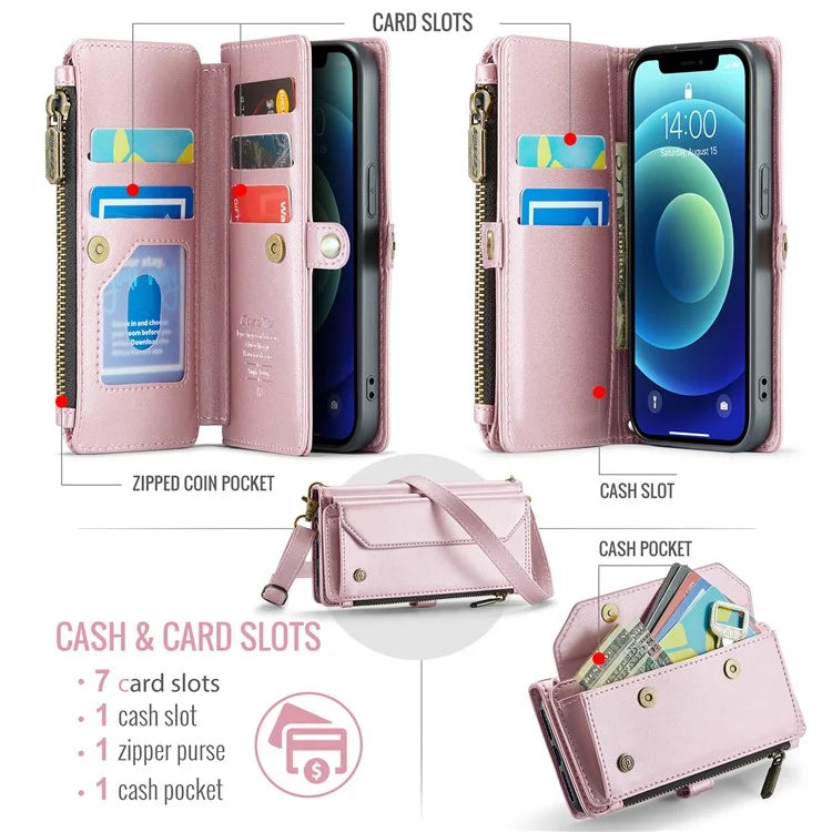 CASEME C36 Series For iPhone 12 mini Case Leather Zipper Wallet Purse Phone Cover RFID Blocking