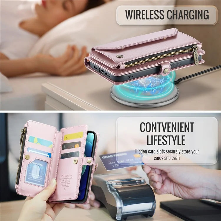 CASEME C36 Series For iPhone 12 mini Case Leather Zipper Wallet Purse Phone Cover RFID Blocking