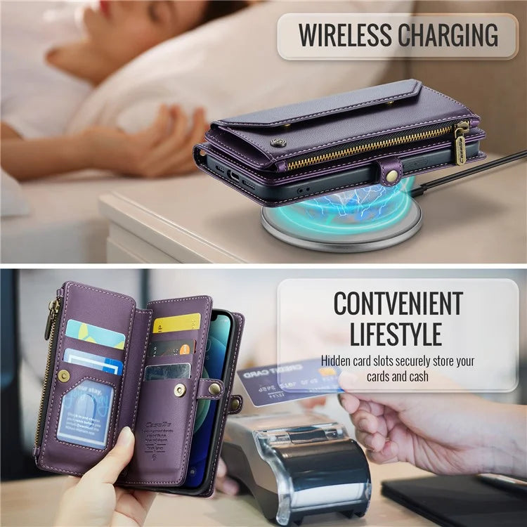 CASEME C36 Series For iPhone 12 mini Case Leather Zipper Wallet Purse Phone Cover RFID Blocking