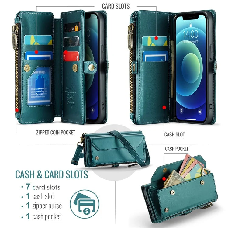 CASEME C36 Series For iPhone 12 mini Case Leather Zipper Wallet Purse Phone Cover RFID Blocking