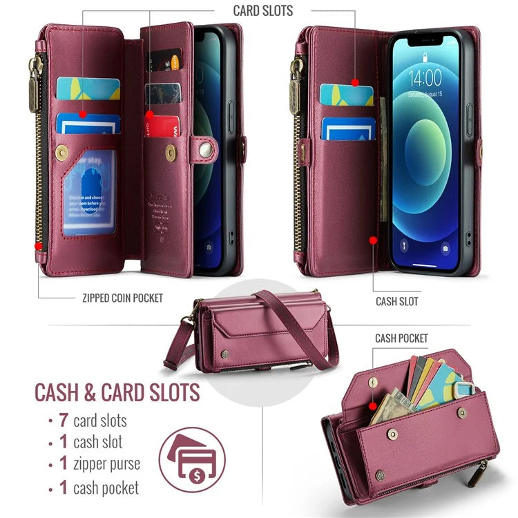 CASEME C36 Series For iPhone 12 mini Case Leather Zipper Wallet Purse Phone Cover RFID Blocking