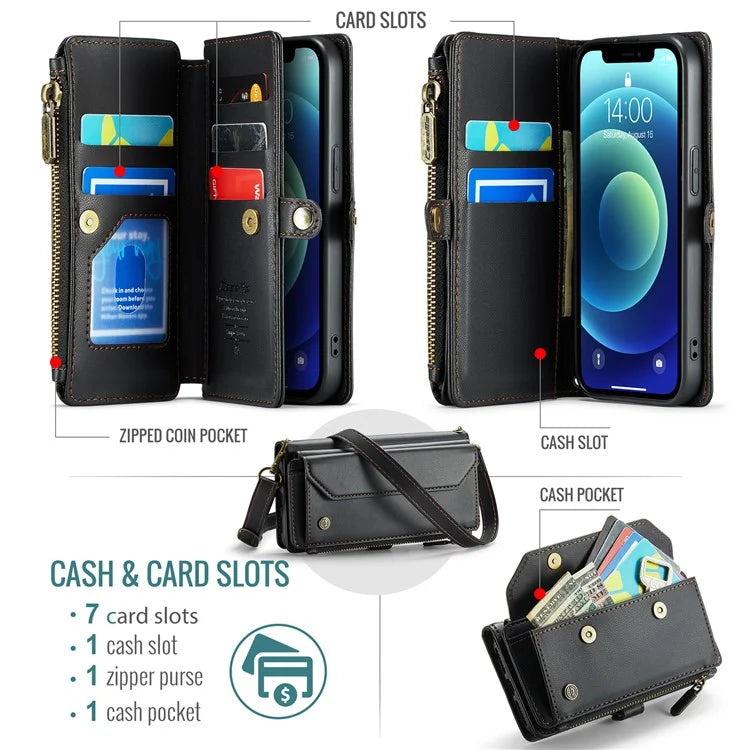 CASEME C36 Series For iPhone 12 mini Case Leather Zipper Wallet Purse Phone Cover RFID Blocking
