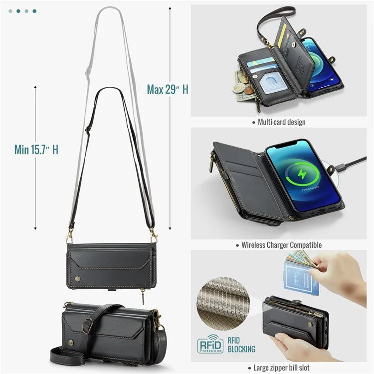 CASEME C36 Series For iPhone 12 mini Case Leather Zipper Wallet Purse Phone Cover RFID Blocking