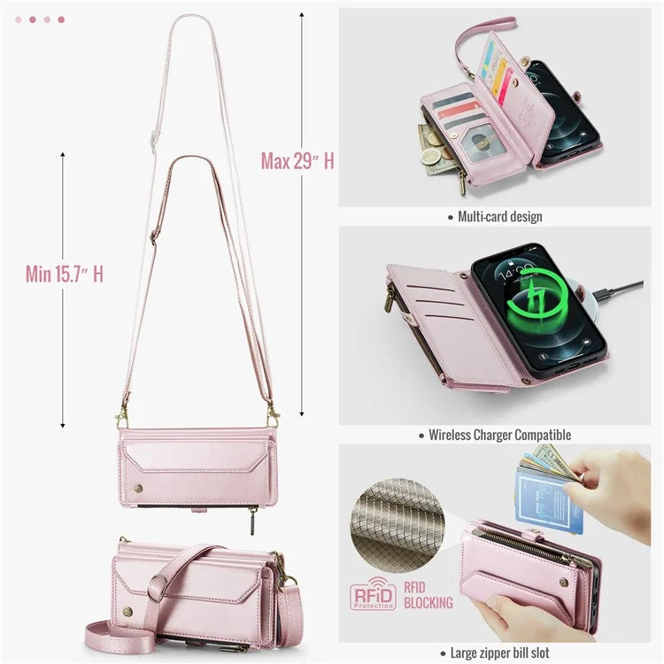 CASEME C36 Series For iPhone 12 / 12 Pro Case RFID Blocking Leather Phone Cover Zipper Handbag Purse
