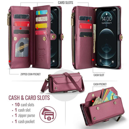 CASEME C36 Series For iPhone 12 / 12 Pro Case RFID Blocking Leather Phone Cover Zipper Handbag Purse