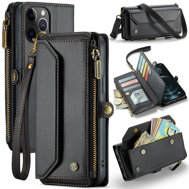 CASEME C36 Series For iPhone 12 / 12 Pro Case RFID Blocking Leather Phone Cover Zipper Handbag Purse